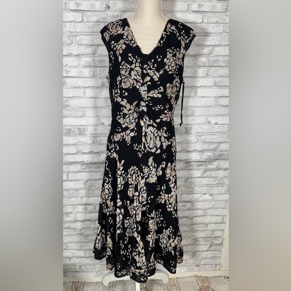 Jones New York Silk Floral Black Cream Dress